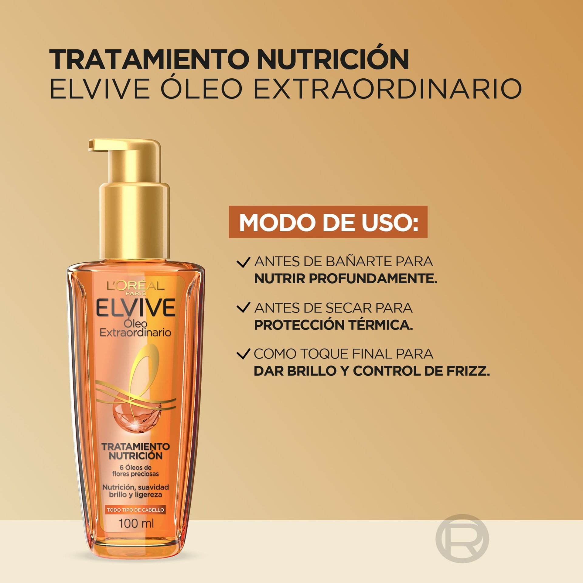 Tratamiento nutrición Elvive Oleo Extraordinario, Modo de uso de Aceite Oleo Extraordinario